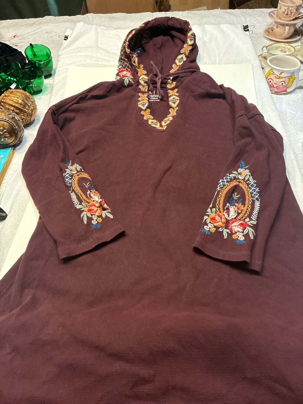 Caite Karyn Oxblood Embroidered Waffle Knit Thermal Hoodie Tunic
